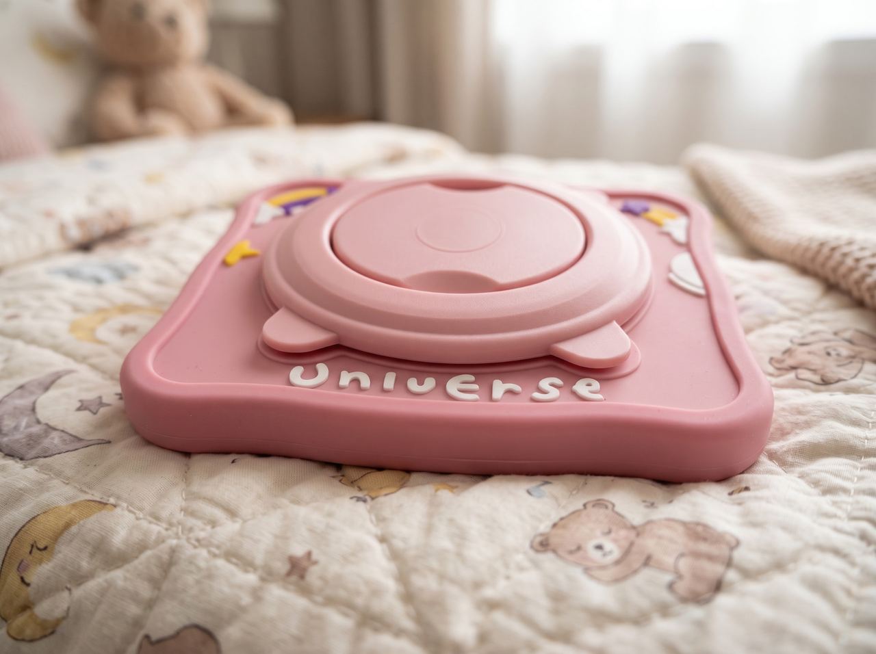 Capa protetora de silicone do Universe Tablet Kids rosa com suporte circular em close